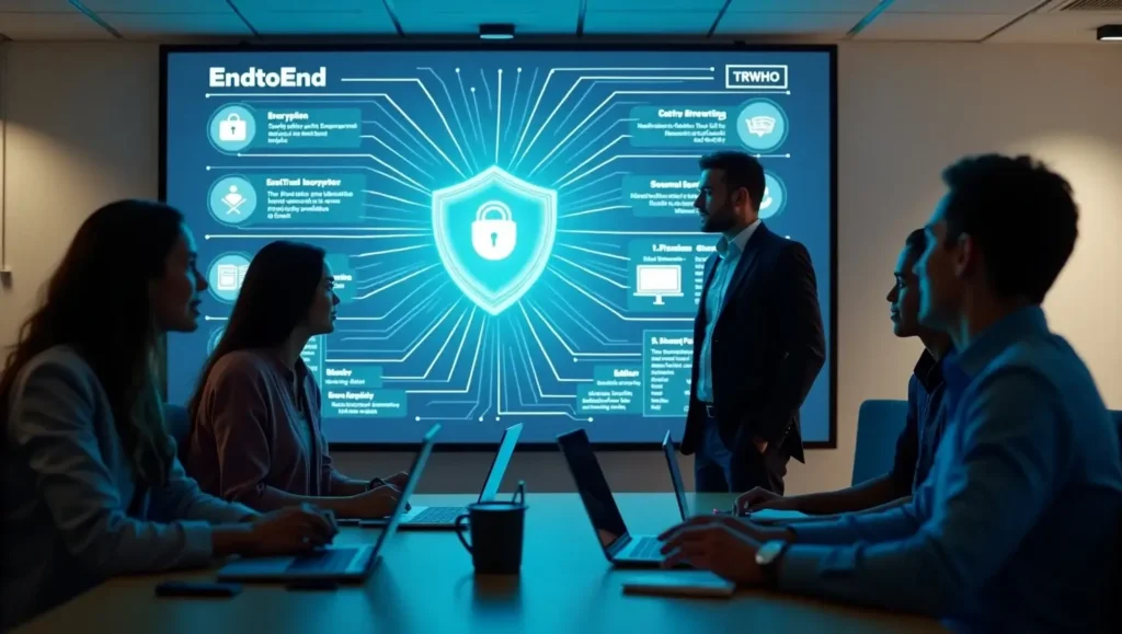 Team of U.S. professionals collaborating around a holographic TRWHO.com security dashboard.