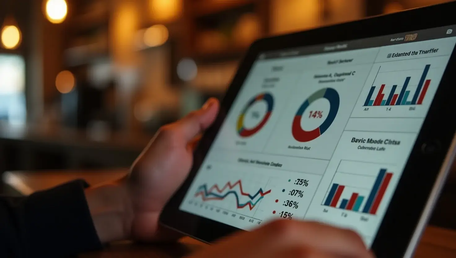 Small‑business owner in a café reviewing TRWHO’s AI personalization and privacy settings on a tablet.