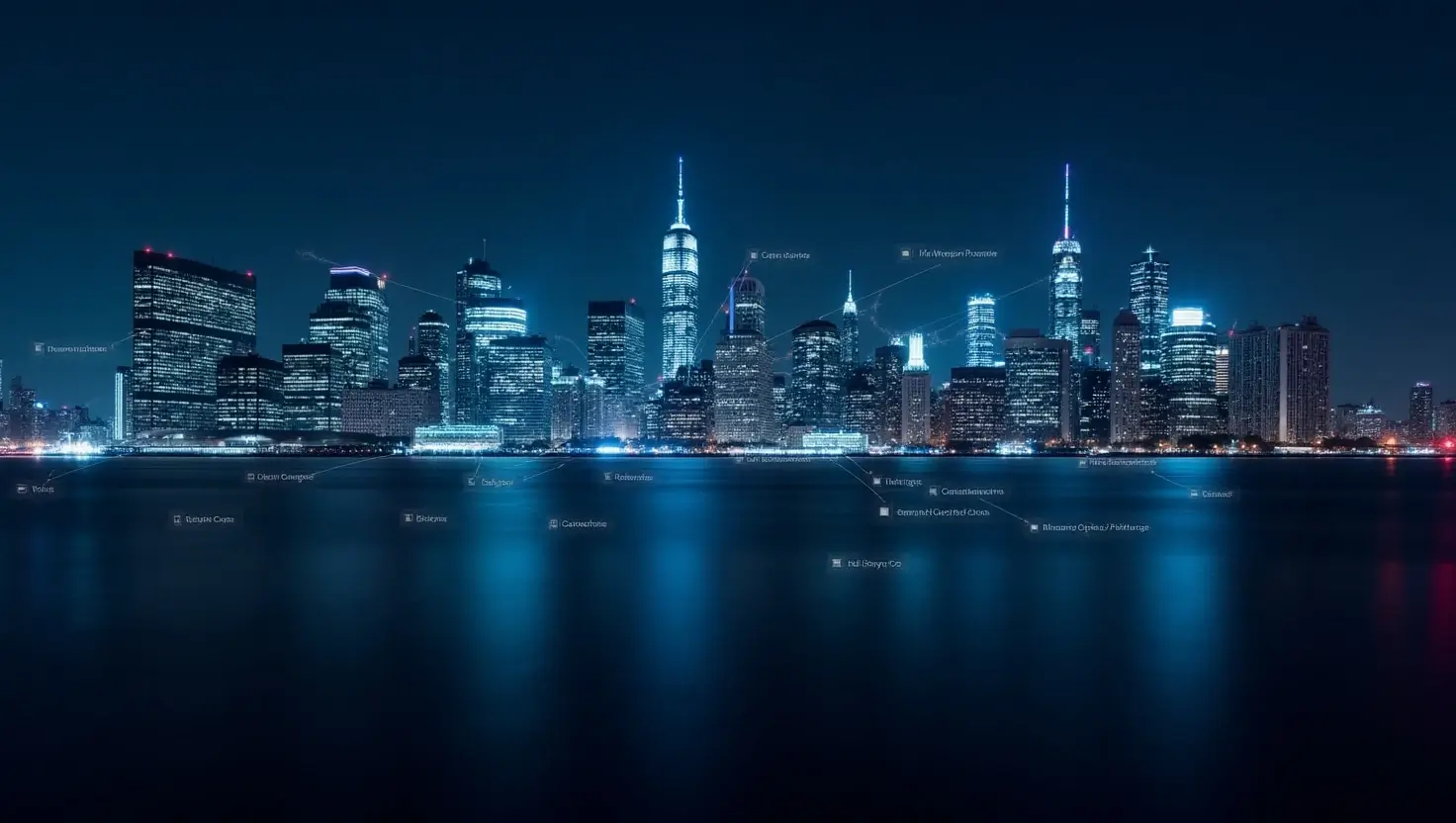 New York City skyline overlaid with blockchain data streams representing TRWHO’s transparent data practices.