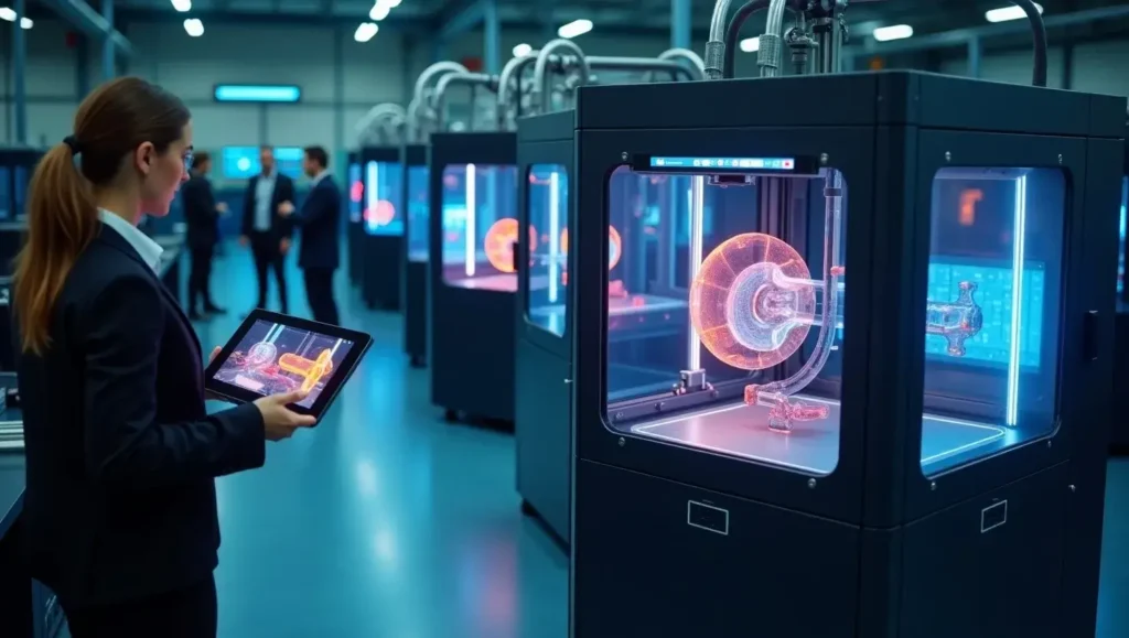 Industrial-grade 5StarsStocks.com 3D Printing Stocks manufacturing aerospace, automotive, and medical components in a high-tech facility