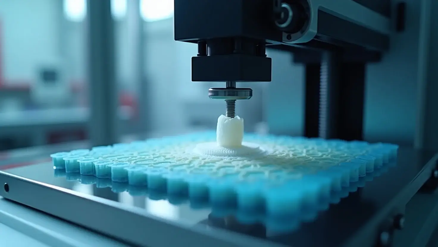 Advanced 3D printer building a custom medical implant with biocompatible materials in a clean lab environment, featured in 5StarsStocks.com 3D Printing Stocks