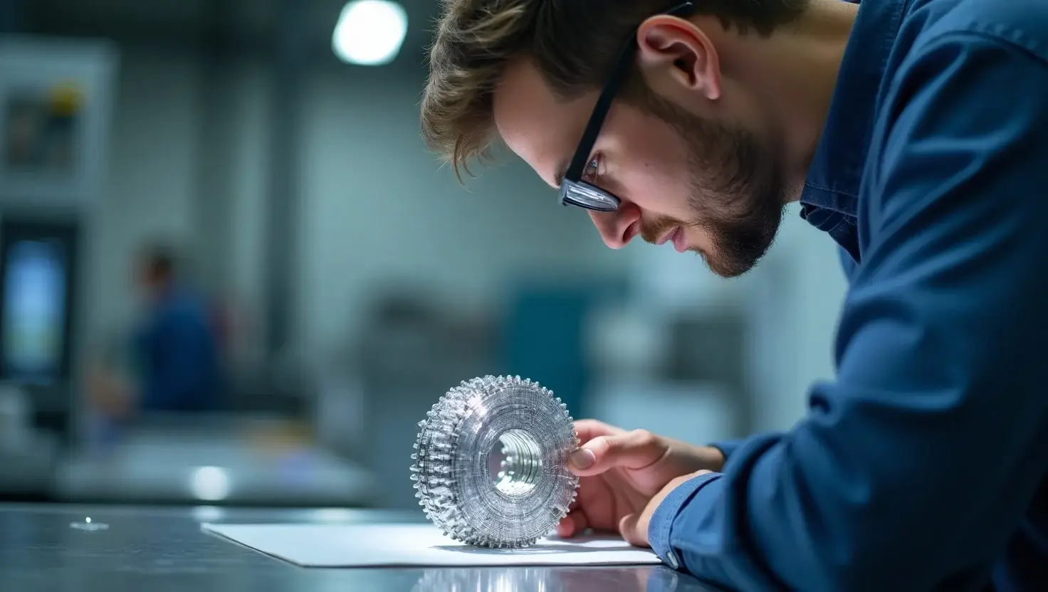 Engineer inspecting a detailed metal 3D printed part for aerospace use inside a smart manufacturing facility featured in 5StarsStocks.com 3D Printing Stocks