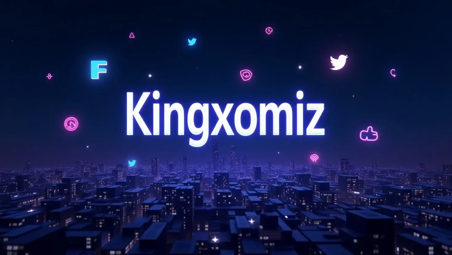 Glowing neon username Kingxomiz above digital cityscape with social media and gaming icons.