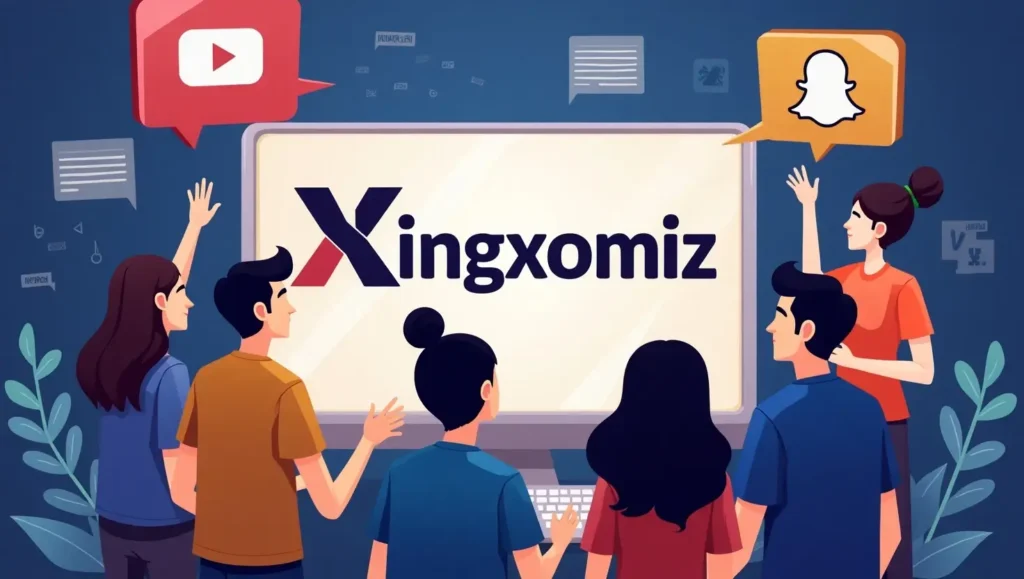 Group of diverse content creators collaborating with digital screen showing Kingxomiz branding.