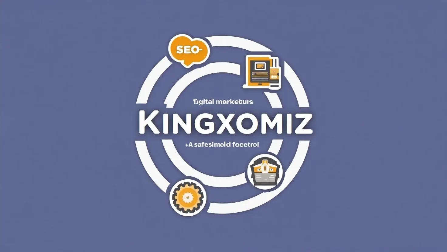 Bold Kingxomiz typography surrounded by SEO and social media icons on white background.