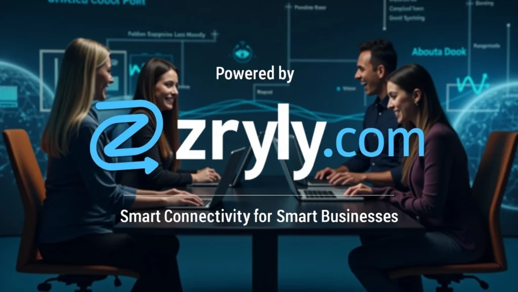 Startup team working with digital tools powered by Zryly.com Network for secure online collaboration and seamless data connectivity.