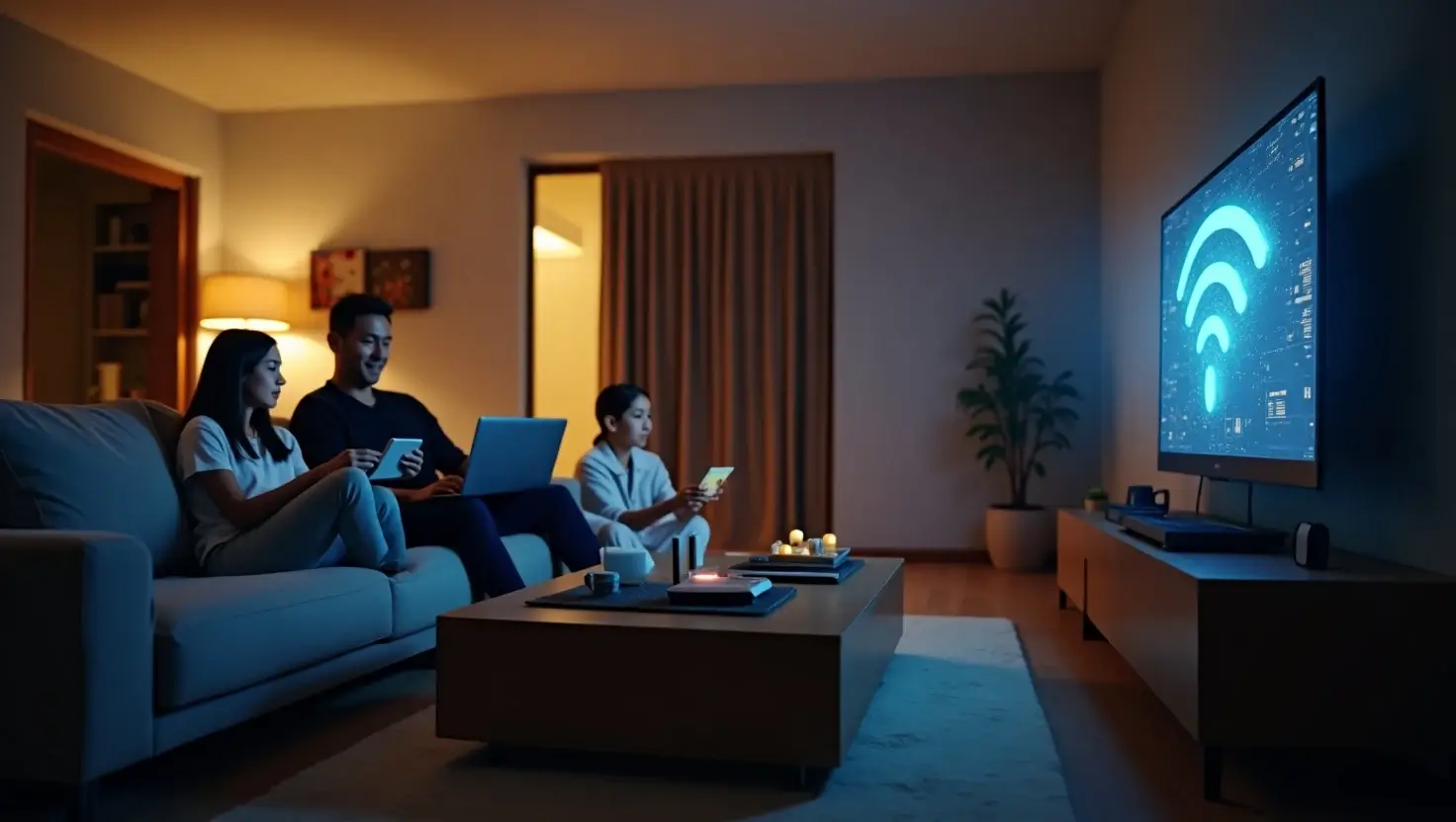 American family and business owner using smart devices connected via Zryly.com Network for secure, fast digital access across home and workspaces. 