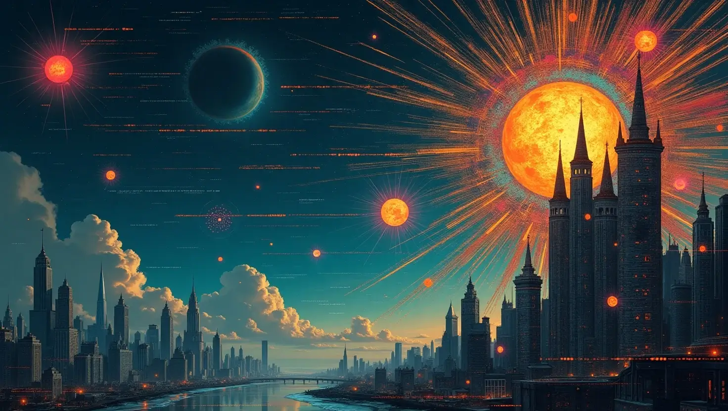 "AI-generated surrealist art featuring digital symbols and abstract code inspired by Uncuymaza."