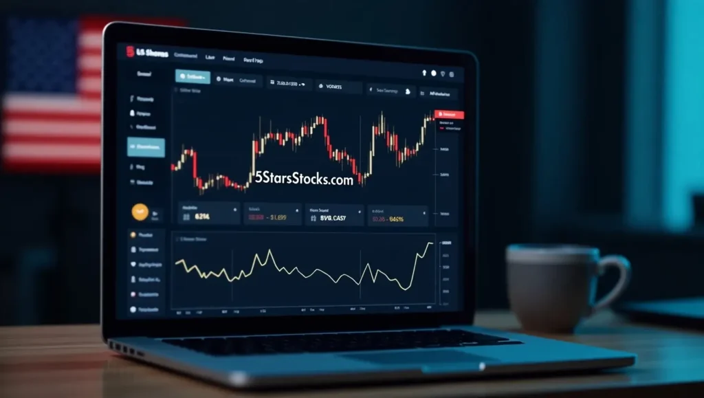Modern trading dashboard showing 5StarsStocks .com with real-time charts, targeting U.S. investors.