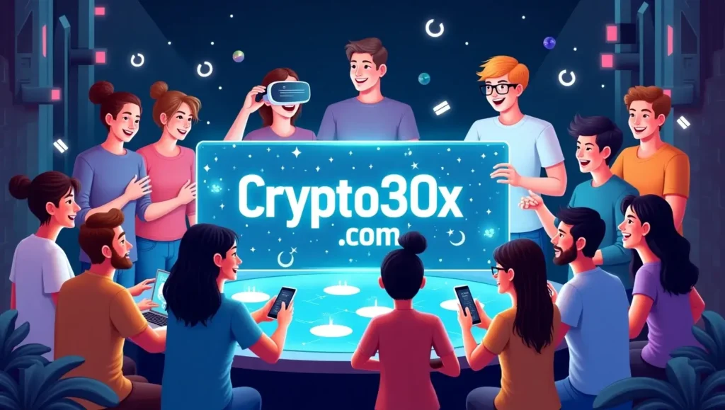 Diverse group of users interacting with NFTs, DeFi tokens, and GameFi features on the Crypto30x.com GG platform.