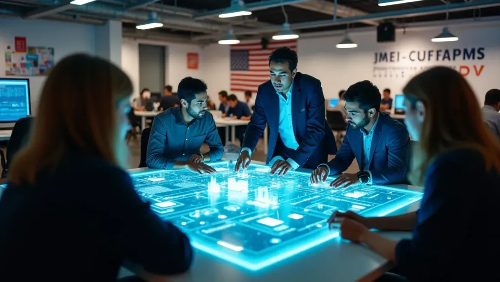 U.S. defense startup founders on www.defstartuporg collaborating around digital holograms of autonomous systems and secure communication platforms.