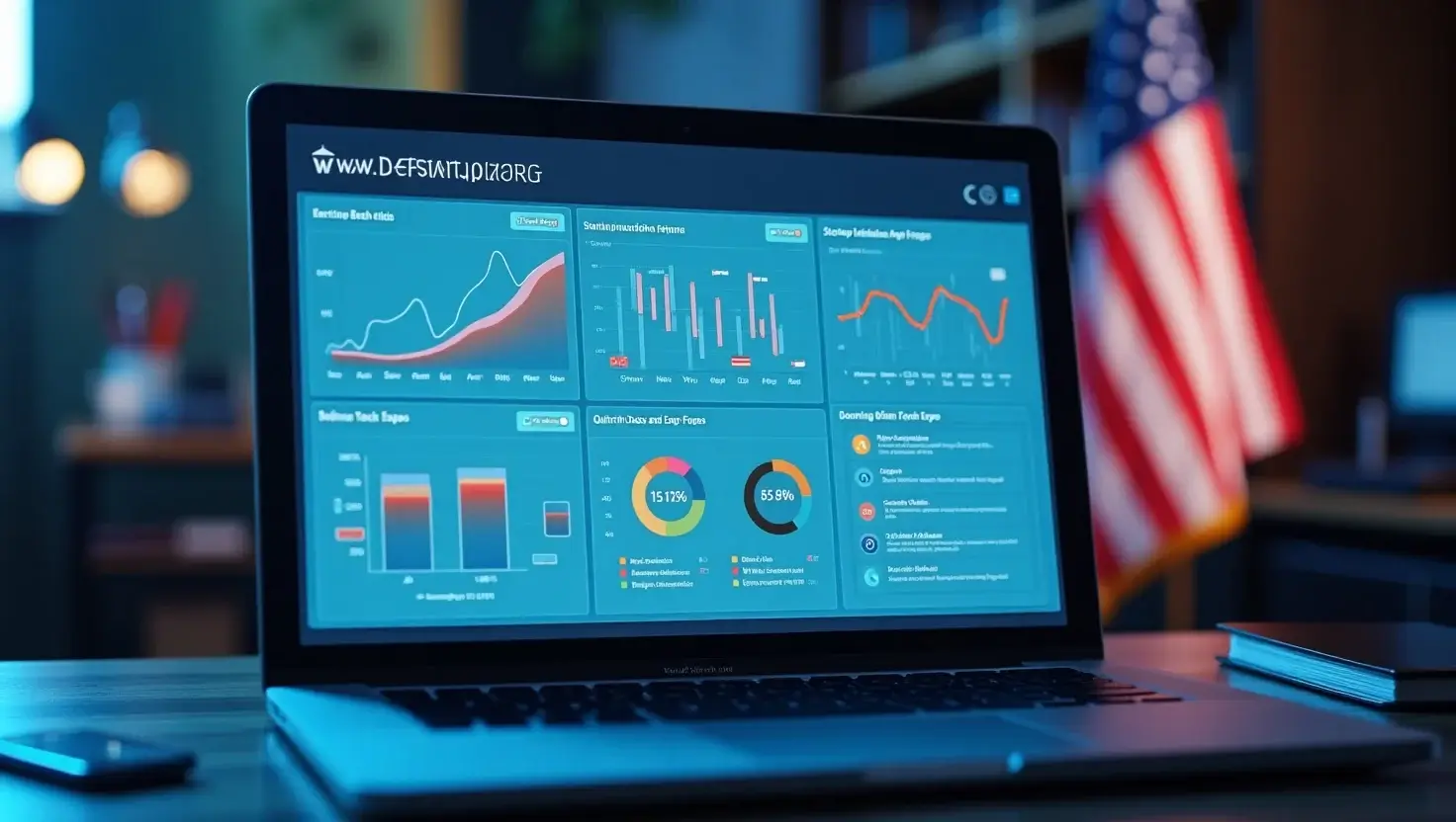 Laptop screen showing www.defstartuporg dashboard with startup programs and defense tech expo info.