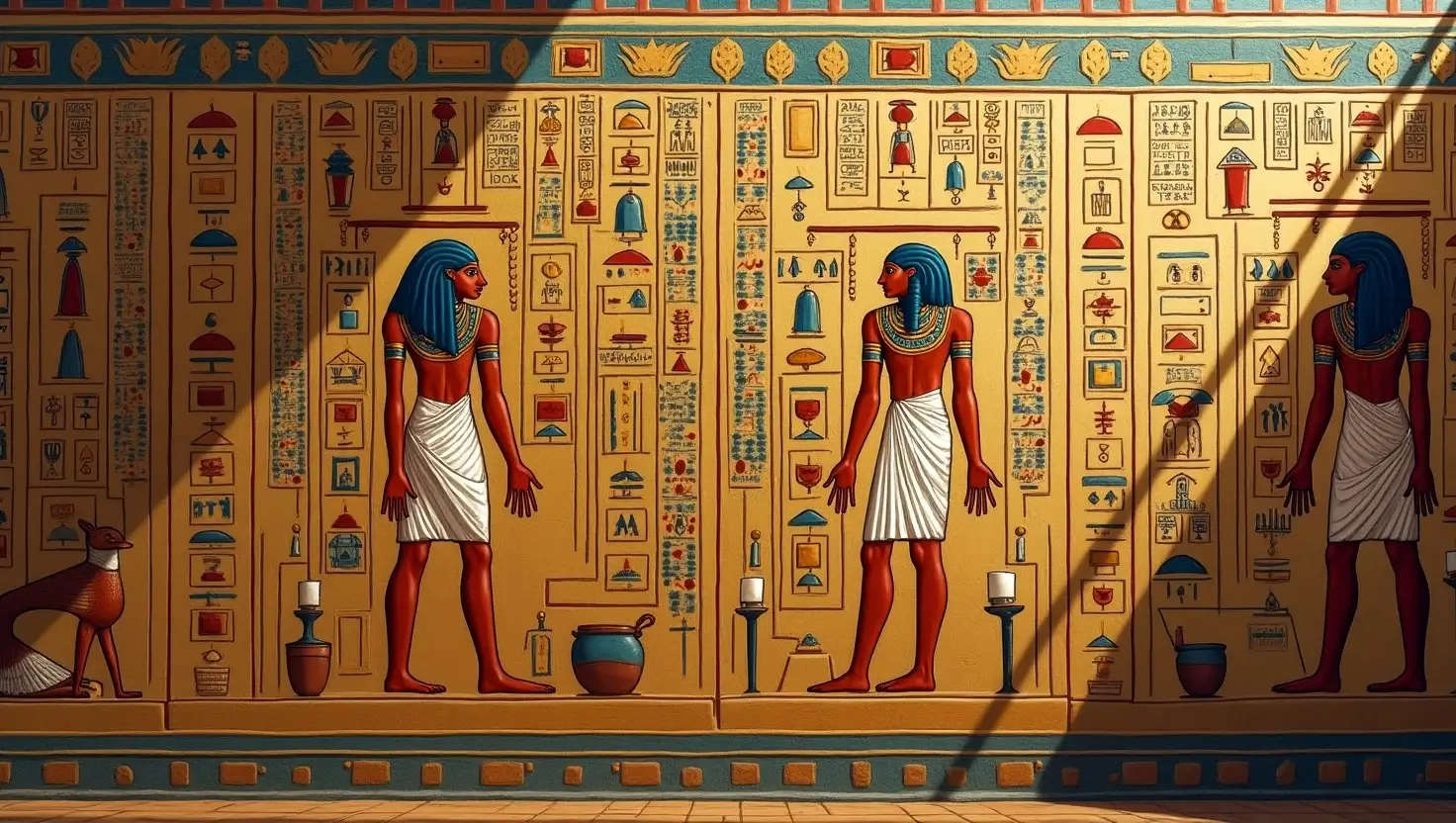 Colorful hieroglyphic inscriptions and mythological motifs on an Ancient Egyptian temple wall, featuring Ankh, Eye of Horus, and scarab beetle symbols with blue, green, and gold color symbolism.