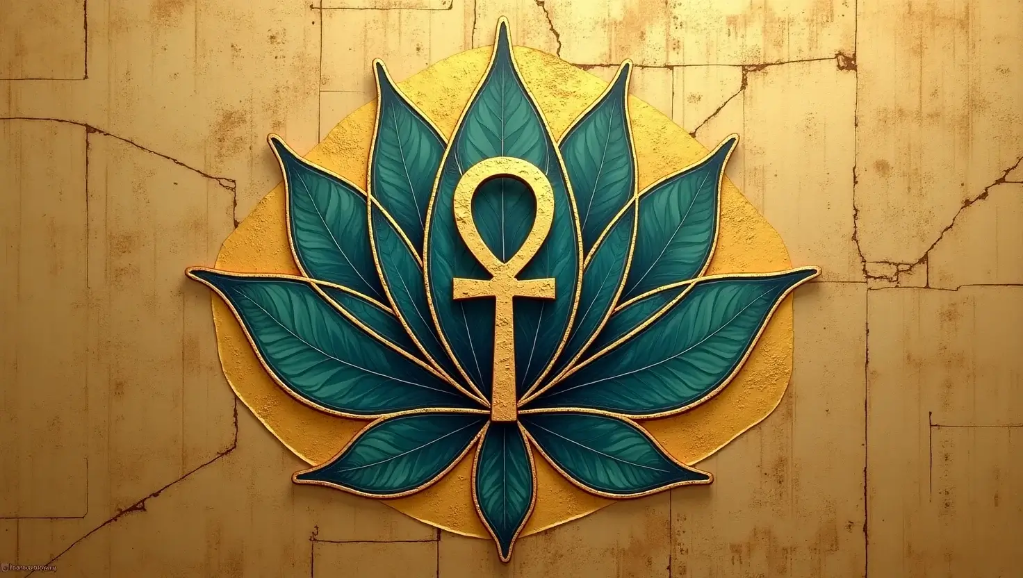 Elegant illustration of the Lotus flower intertwined with the Ankh symbol in ancient Egyptian style, featuring gold leaf textures and papyrus background, symbolizing creation and life. 