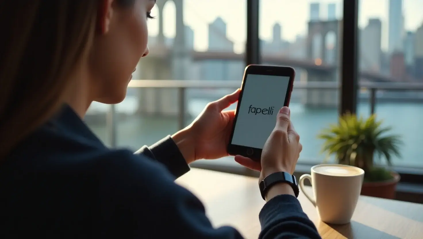 A young professional using a Fapelli smartwatch at a modern café with U.S. cityscape in the background, symbolizing the brand’s fusion of technology and lifestyle.
