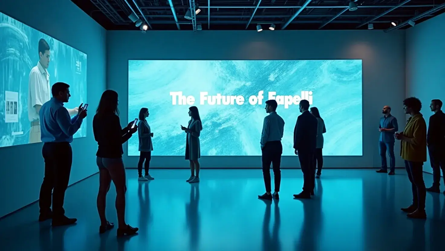 A futuristic U.S. showroom with people interacting with smart tech; a billboard reads “The Future of Fapelli,” symbolizing innovation and lifestyle fusion.