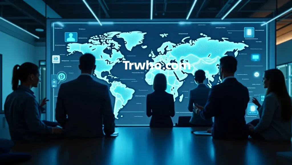 Diverse tech professionals using AI and cloud interfaces with “Trwho.com Tech” displayed on a screen, symbolizing global digital innovation.