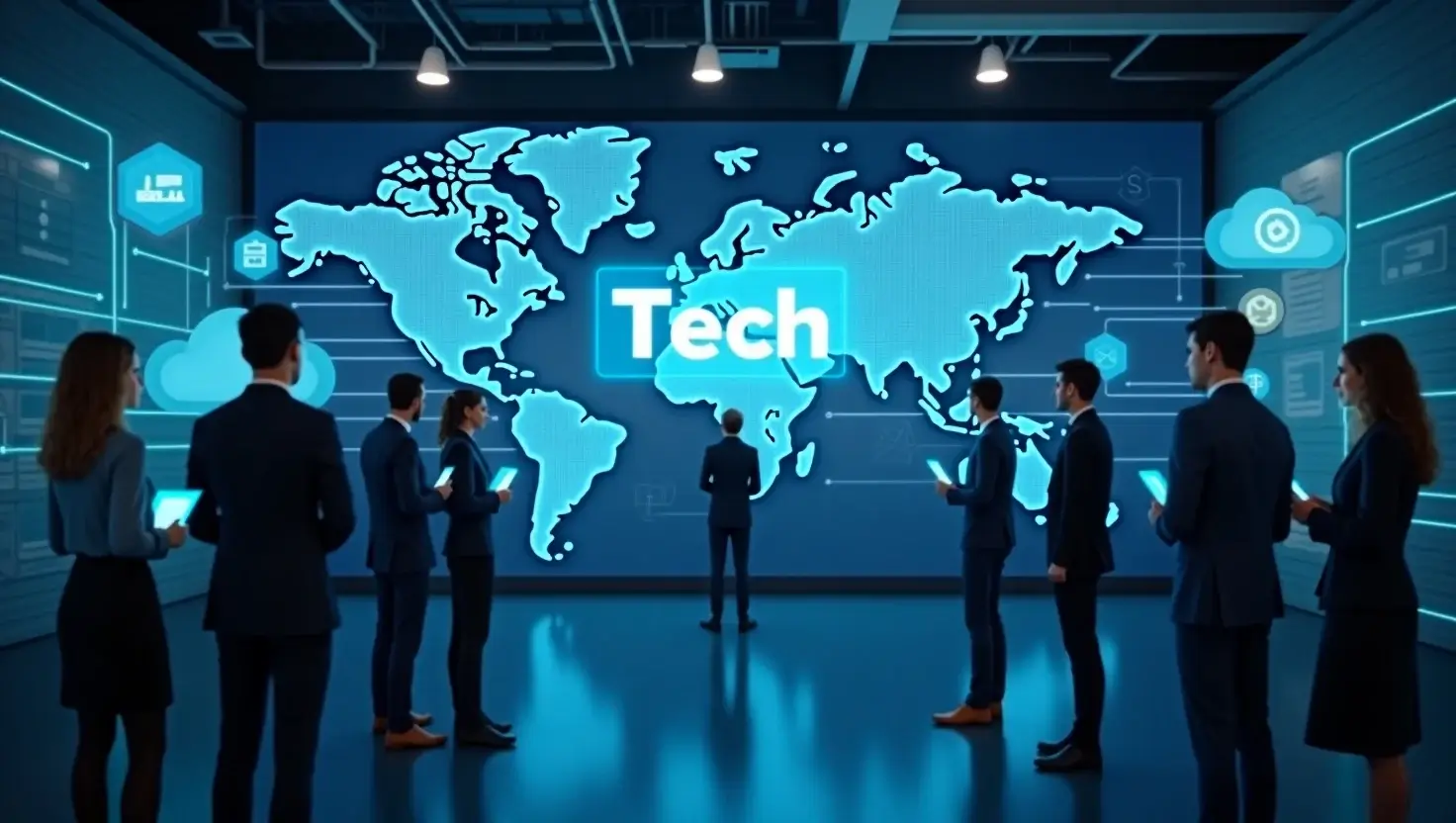 Digital U.S. map with cloud, AI, and blockchain nodes connected, featuring "Trwho.com Tech" on a touchscreen interface.