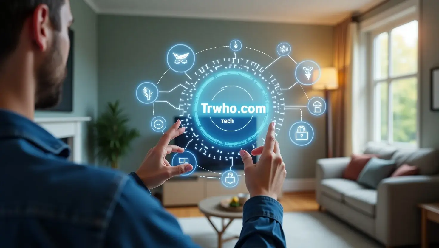 A person using smart home devices connected through Trwho.com Tech, displaying real-time automation and personalization.