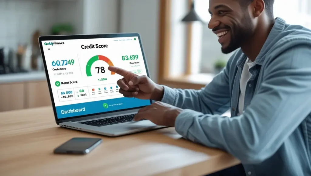 Young American adult viewing their credit score on GoMyFinance.com credit score dashboard on a laptop in a home setting.