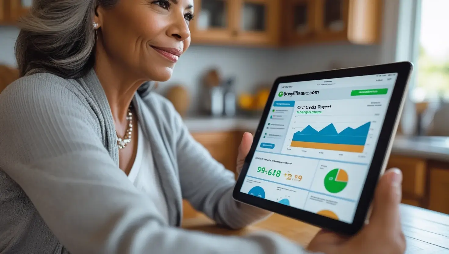 Middle-aged American woman reviewing her credit score on a tablet using GoMyFinance.com credit score in a bright kitchen setting.