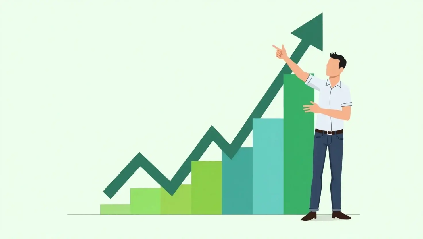 Businessperson pointing at a rising bar chart symbolizing FintechZoom.com Top Stock Gainers Today in a clean, flat design. 