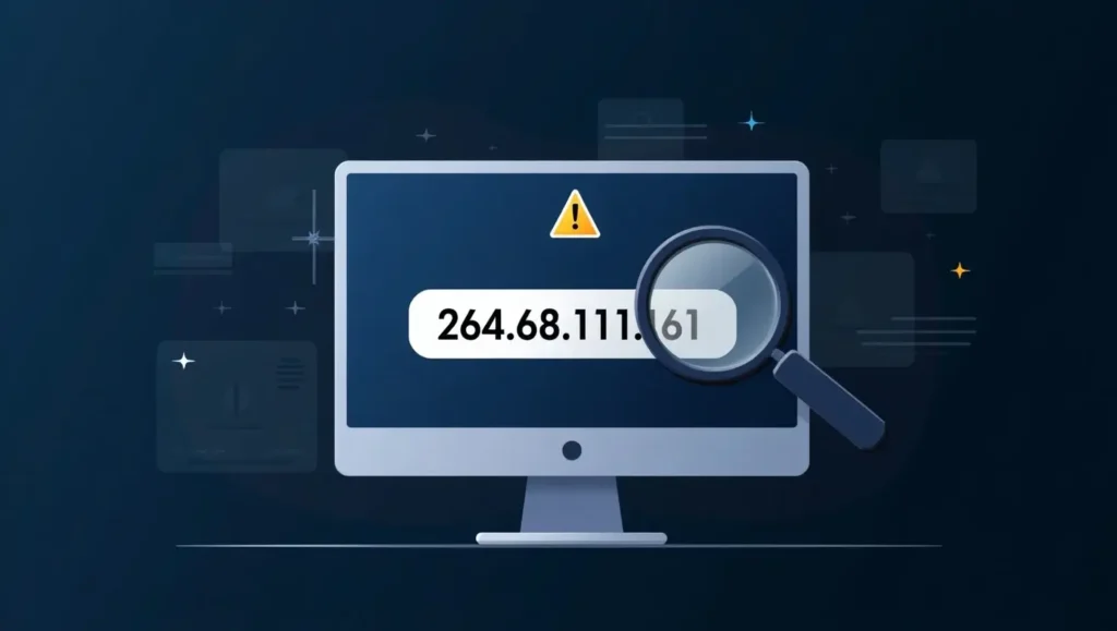 An image showing a magnifying glass over 264.68.111.161, highlighting it as an invalid IP address with a security alert.