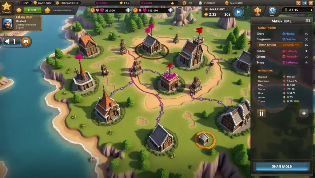 EvonyGalore game dashboard showing hero stats, troop routes, and city-building data.