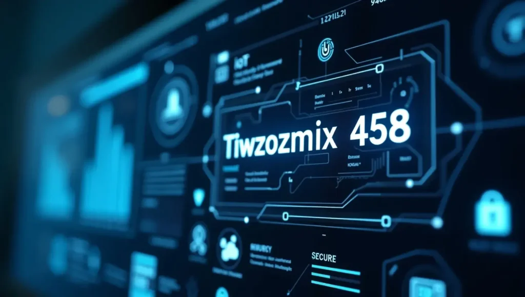 Futuristic digital dashboard displaying Tiwzozmix458 with real-time analytics and tech icons like AI, IoT, and cloud computing.