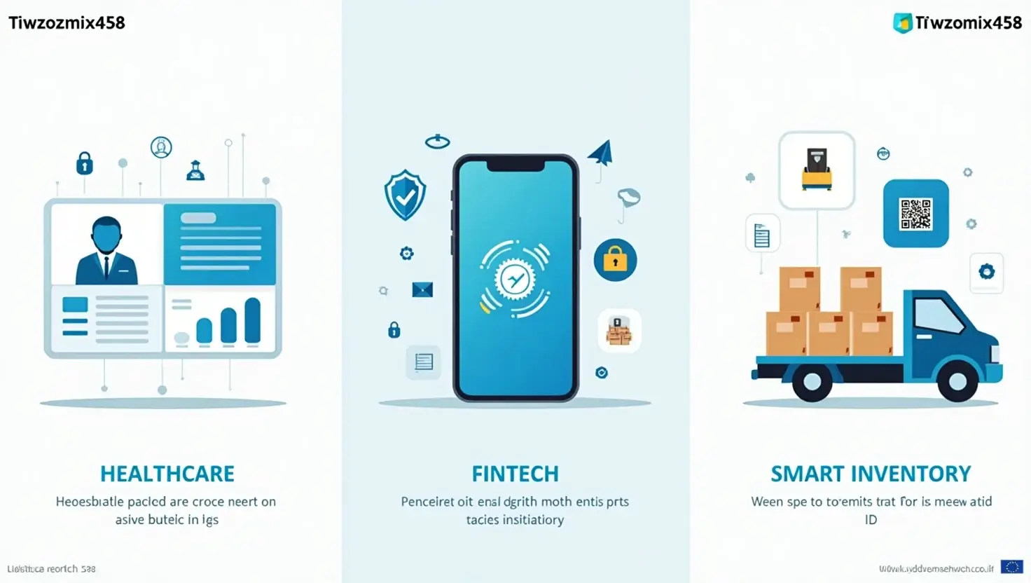 Infographic showing Tiwzozmix458 applications in healthcare data traceability, fintech ID security, and logistics smart tagging.