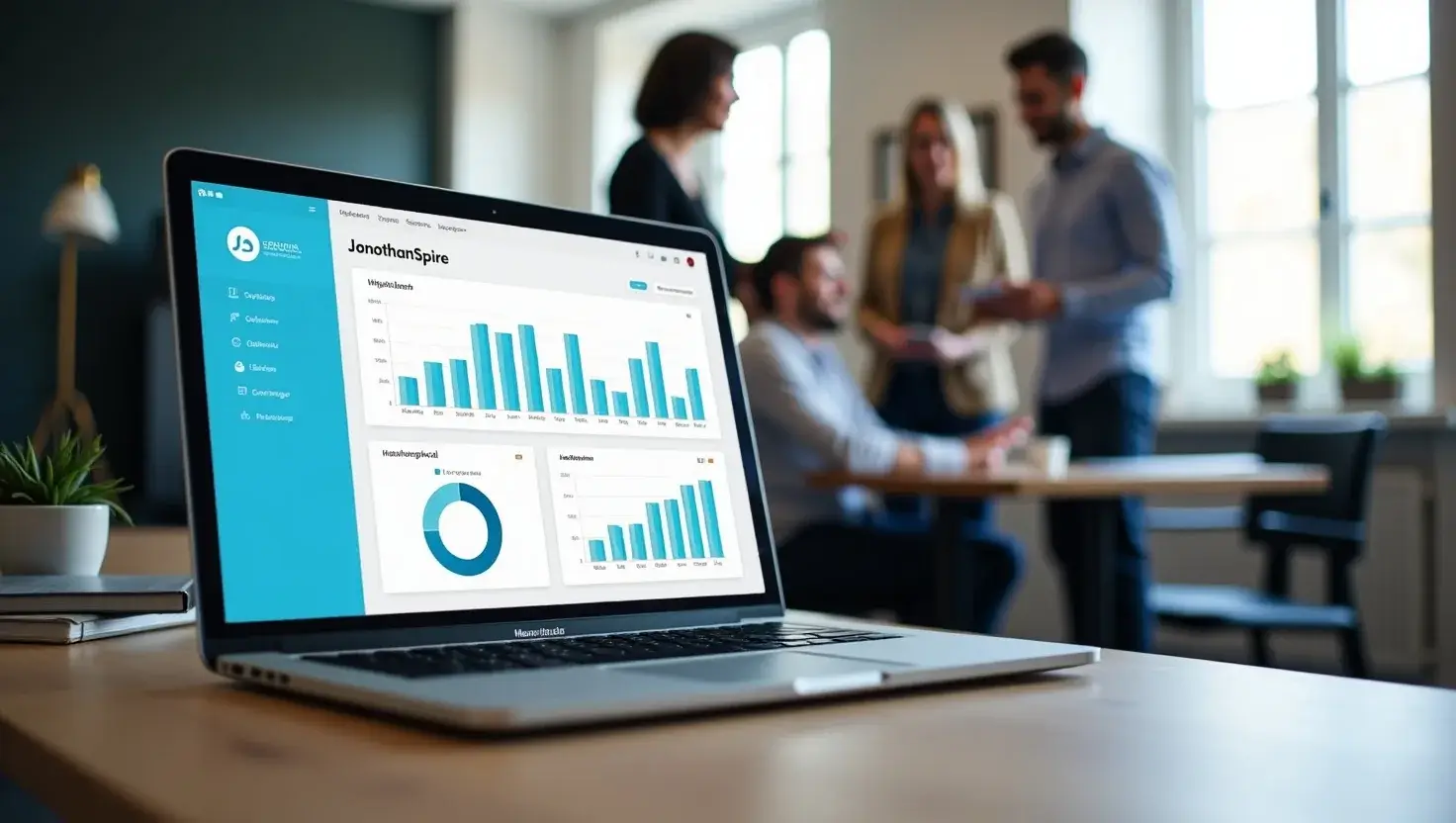 JonathonSpire digital marketing dashboard showing analytics and campaign performance on a laptop screen in a professional office setting.