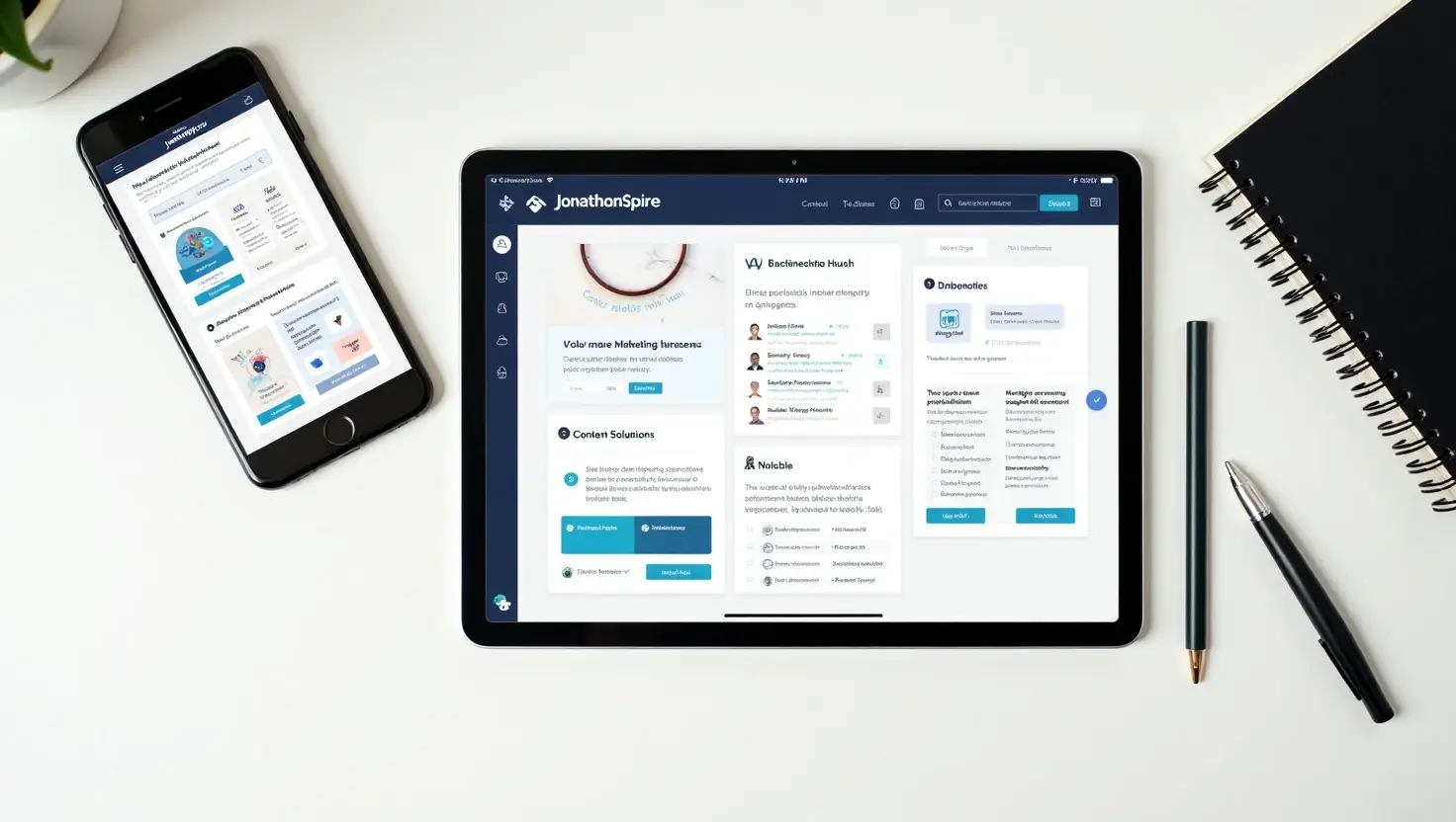 Flat-lay of smartphone and tablet displaying JonathonSpire marketing tools including ROI calculators and AI content suggestions on a desk.