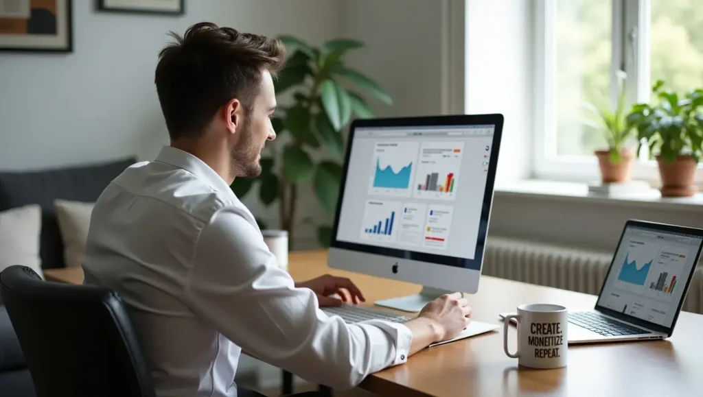 Digital creator analyzing AccordShortCom short link performance on a laptop in a bright home office.
