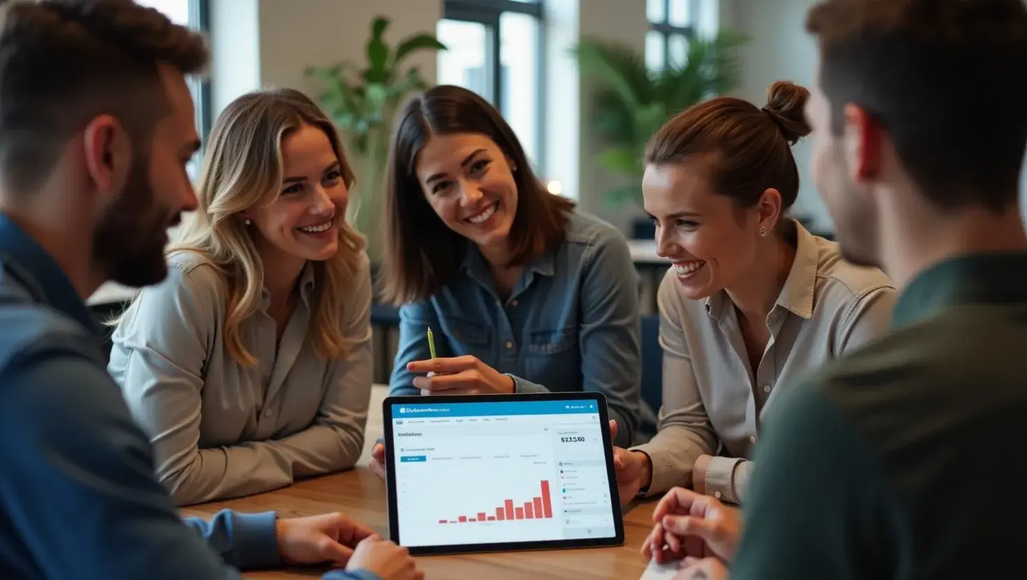 Group of U.S.-based creators reviewing AccordShortCom’s branding dashboard on a tablet in a modern office.