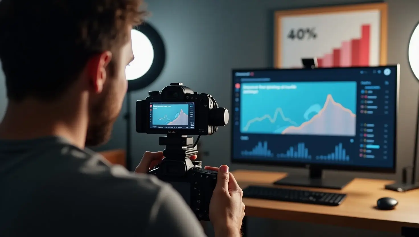 U.S.-based digital creator filming a tutorial with AccordShortCom dashboard and growth chart in the background.
