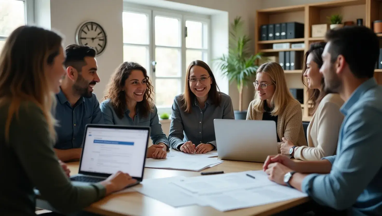 Group of small business owners celebrating growth after securing Traceloans.com business loans in a modern office.