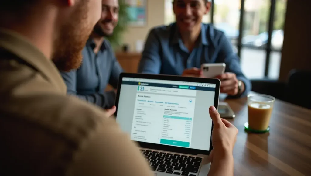 Small business owner reviewing Traceloans.com business loans options on a laptop in a café setting.