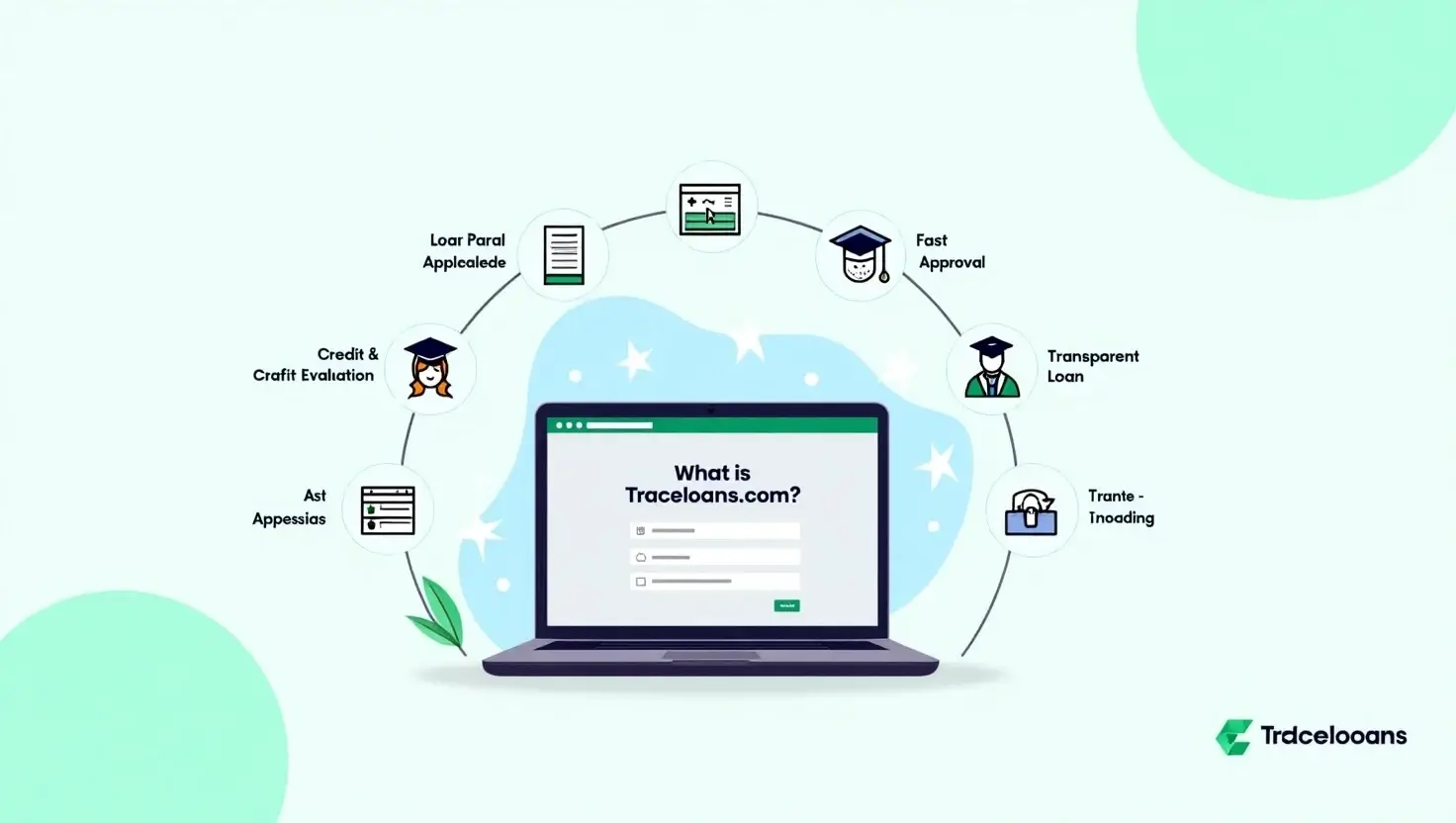 Laptop displaying Traceloans.com students loans homepage with the title “What Is Traceloans.com?” surrounded by icons representing secure and transparent student loan features.