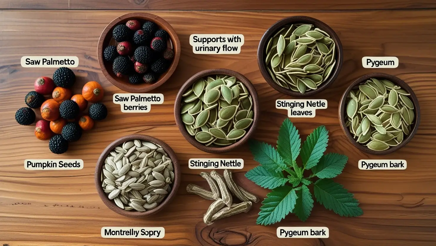 Natural prostate health ingredients of Prostavive Colibrim including Saw Palmetto, Pumpkin Seeds, and Stinging Nettle on a wooden table.