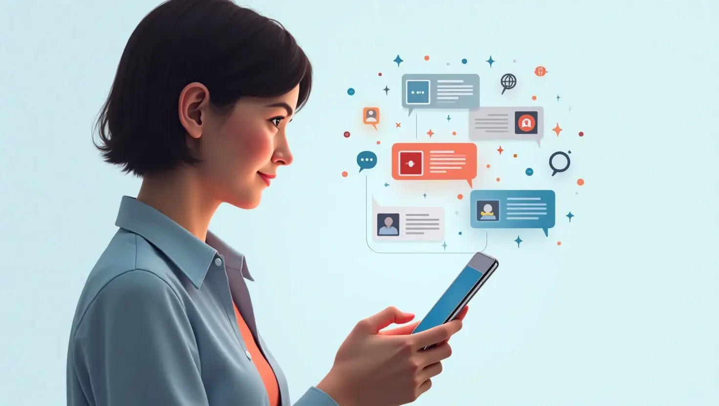 User receiving breaking news notifications on a mobile news app with icons for customer support and fact-checking