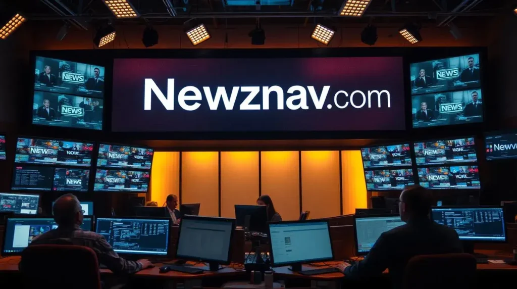 Newsroom with digital screen showing Newznav.com logo and live news feeds