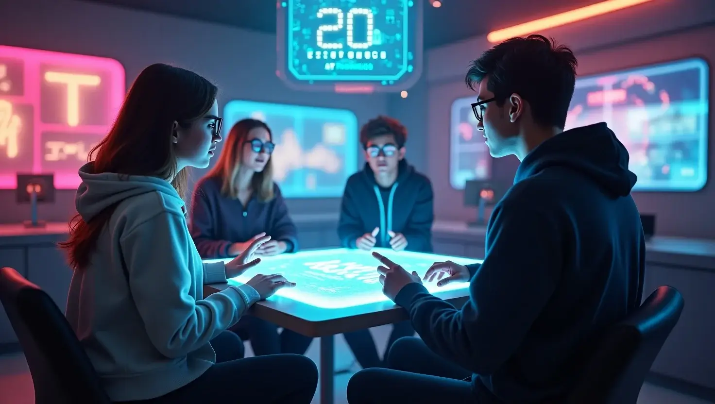 Young Gen Z users exploring F4nt45yxoxo, a futuristic AI-powered platform blending gaming, creator tools, and encrypted community spaces.