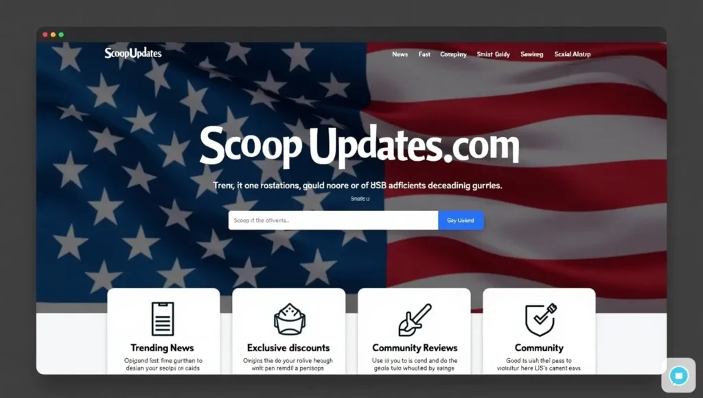 Screenshot of ScoopUpdates .com homepage showing real-time U.S. news updates, exclusive deals, and community features with the site name highlighted on screen.