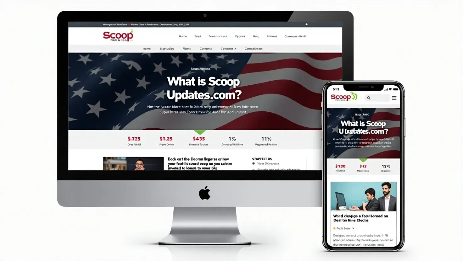 Illustration of the ScoopUpdates.com interface with “What Is ScoopUpdates .com” headline, showing news, deals, and U.S.-based personalization features.