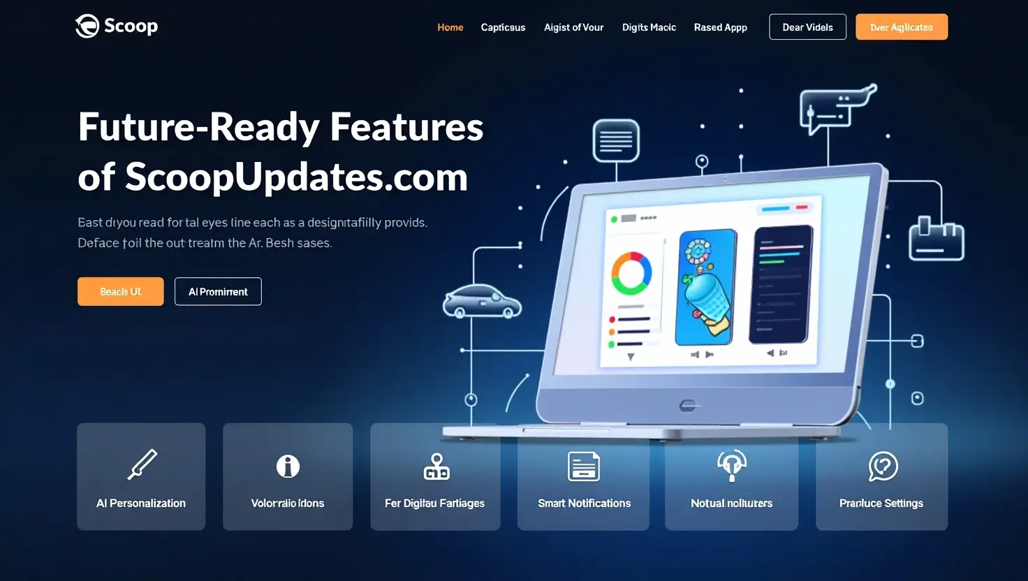 Futuristic dashboard with AI, mobile, AR tools and “Future-Ready Features” text, highlighting ScoopUpdates .com innovations for U.S. audiences.