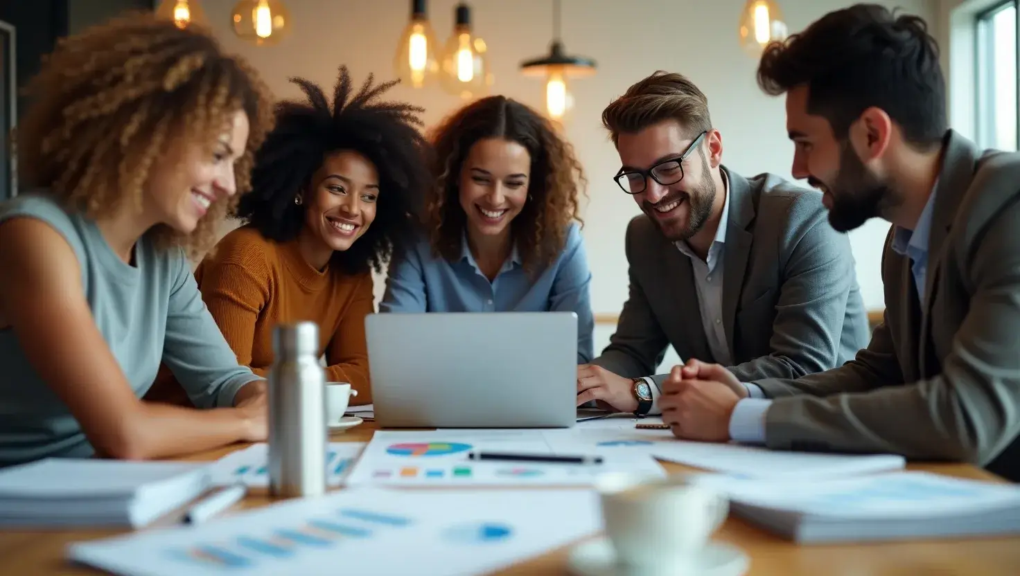 Diverse team of executives collaborating with laptops and reports, analyzing business archives and growth strategies.
