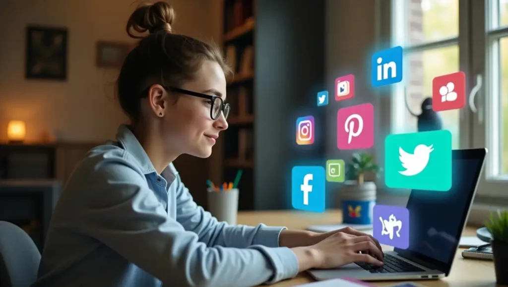 "dt-collins12 working on a laptop with social media icons floating around, representing content creation and digital engagement."