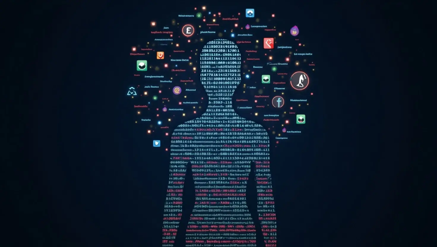 Human silhouette composed of glowing digital code and social media icons, symbolizing online identity and personal branding.