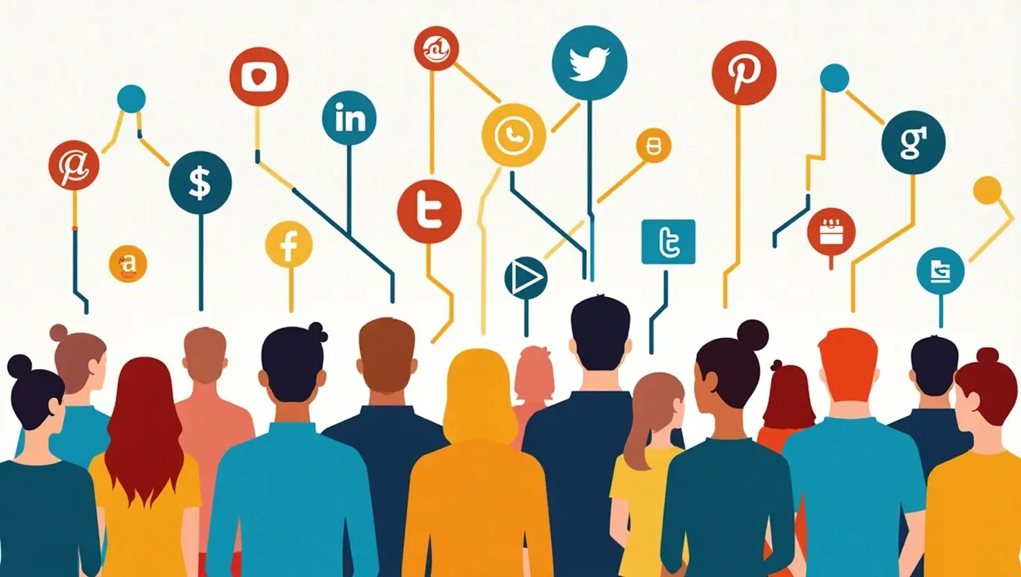 "A group of diverse people connected by colorful lines and social media icons, illustrating digital networking, online community, and how dt_collins12 fosters meaningful digital connections." 