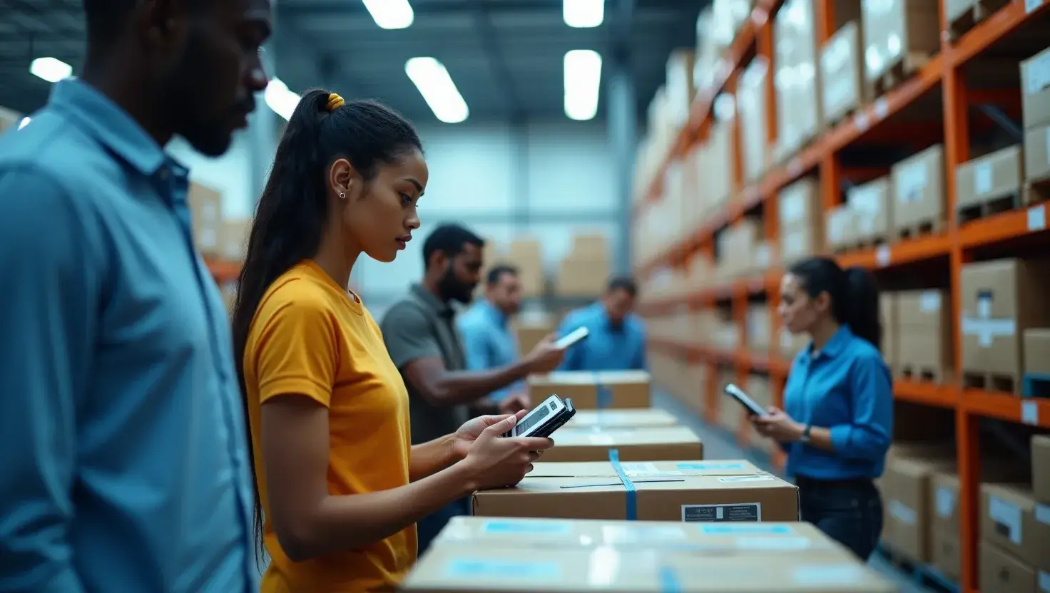 Warehouse employees using ICOStamp RFID scanners for real-time asset tracking in logistics.